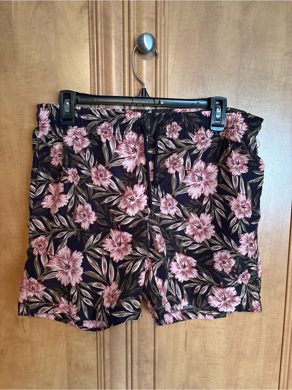 Black Floral Drawstring Board Shorts with Pink Hibiscus Print